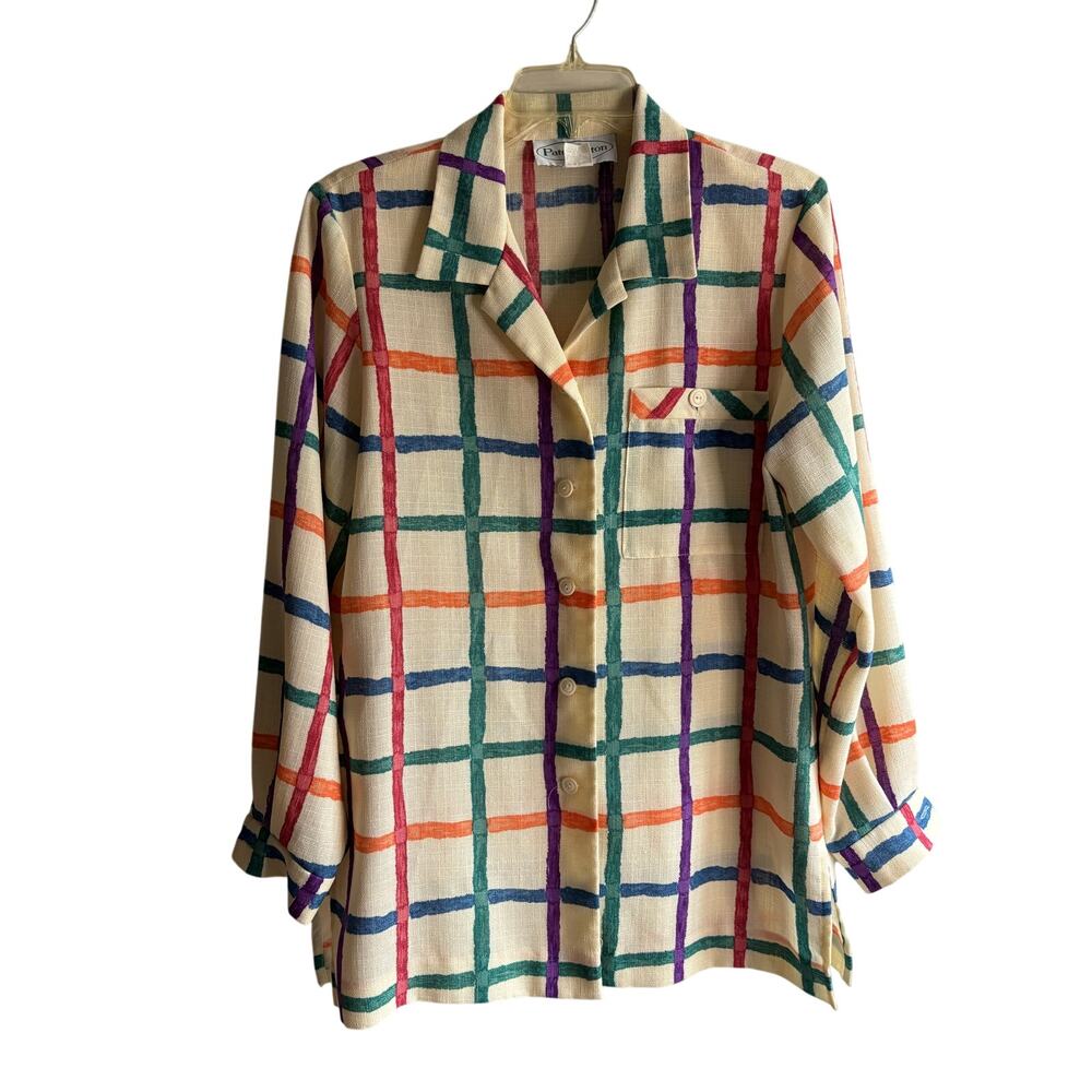 Patchington Vintage Button Down Blouse Womens Colorful Cream Long Sleeve Small